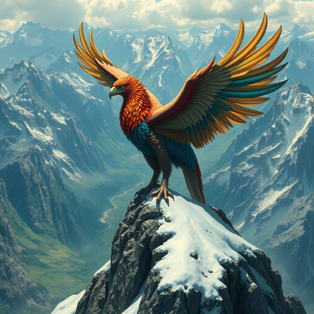 Iridescent Griffin on Snow-Capped Mountain Peak