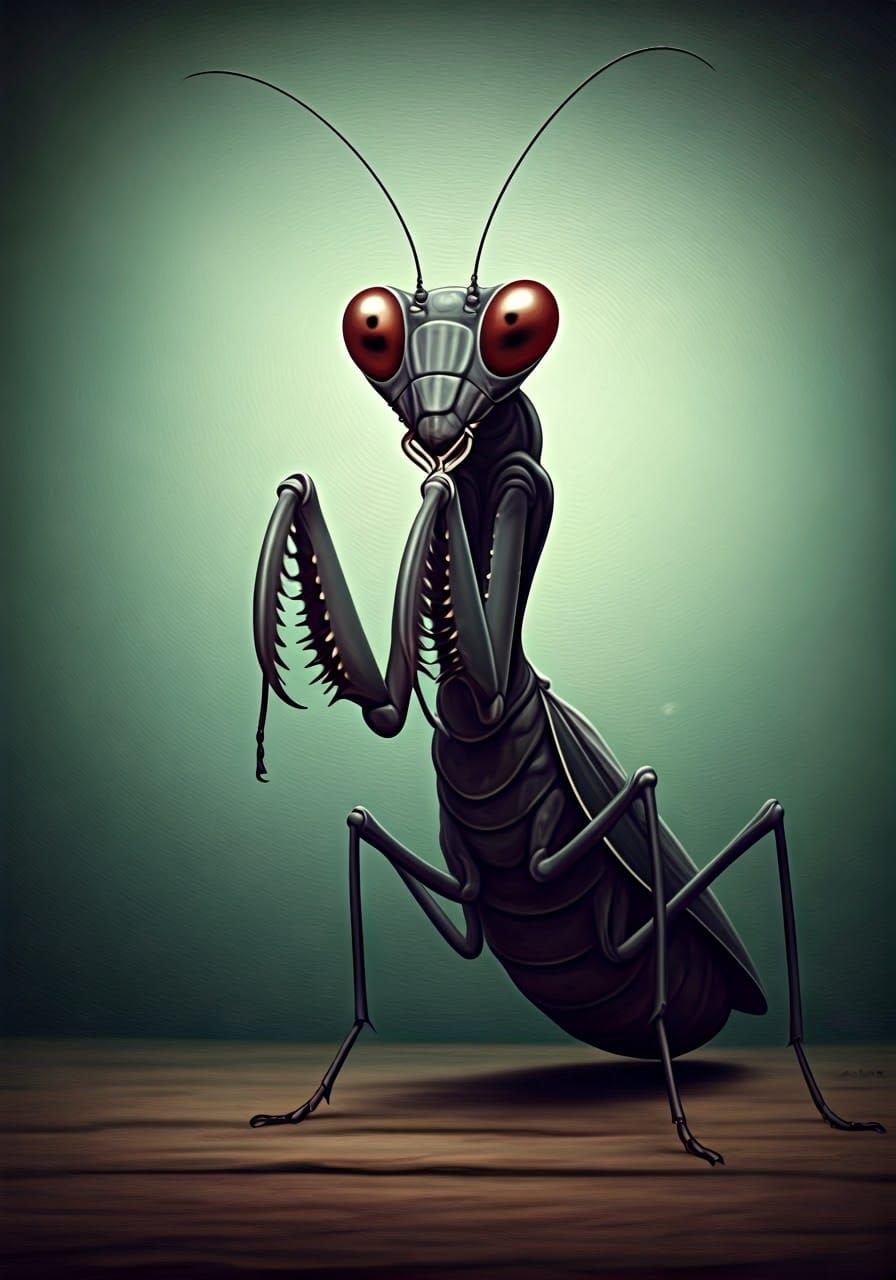 Surreal Black Praying Mantis in Goya Horror Style