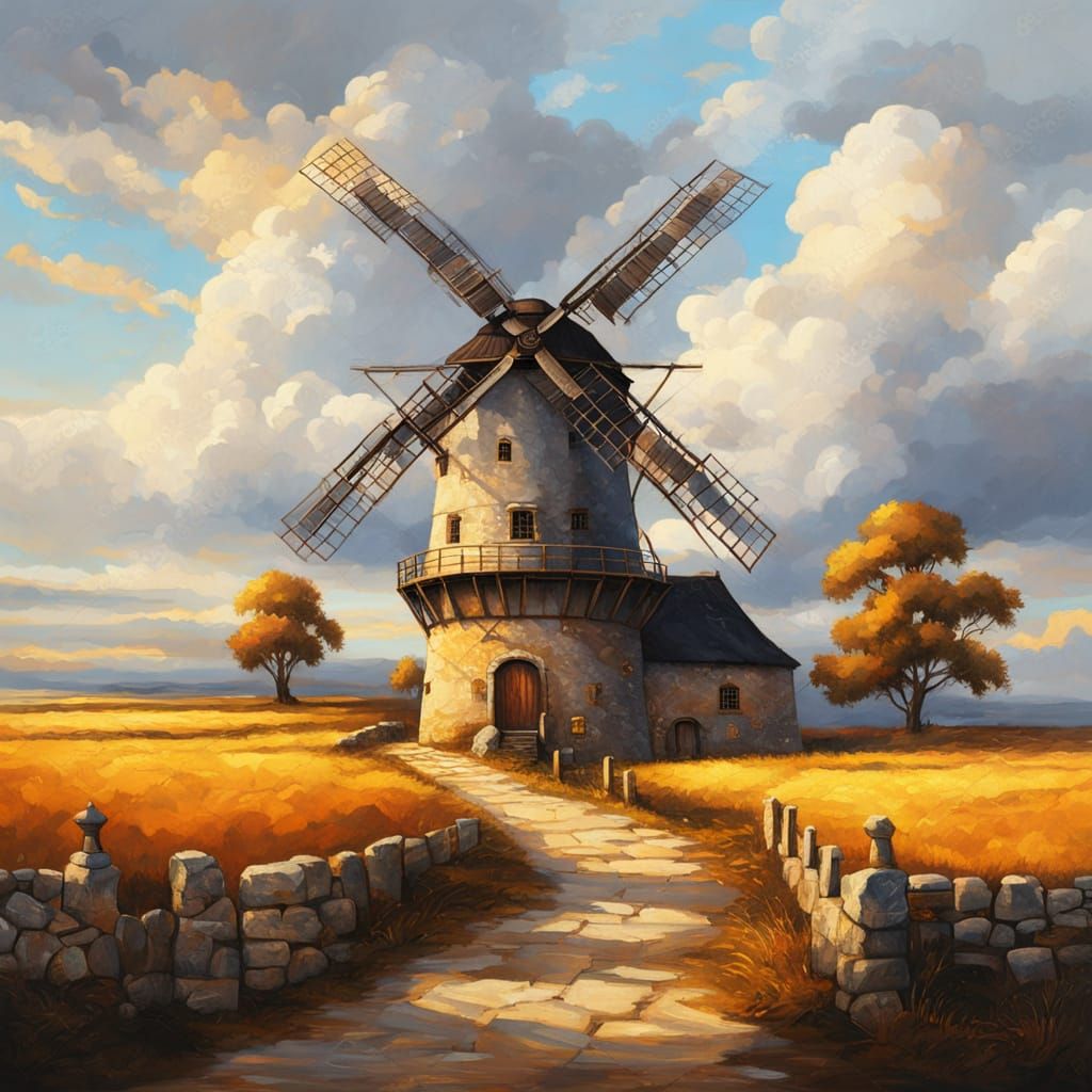 Baroque Windmill Painting with Golden Light