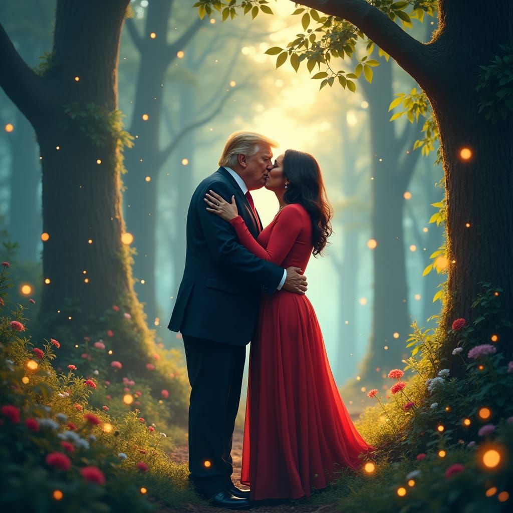 Dreamlike Forest Kiss: A Surreal Political Embrace
