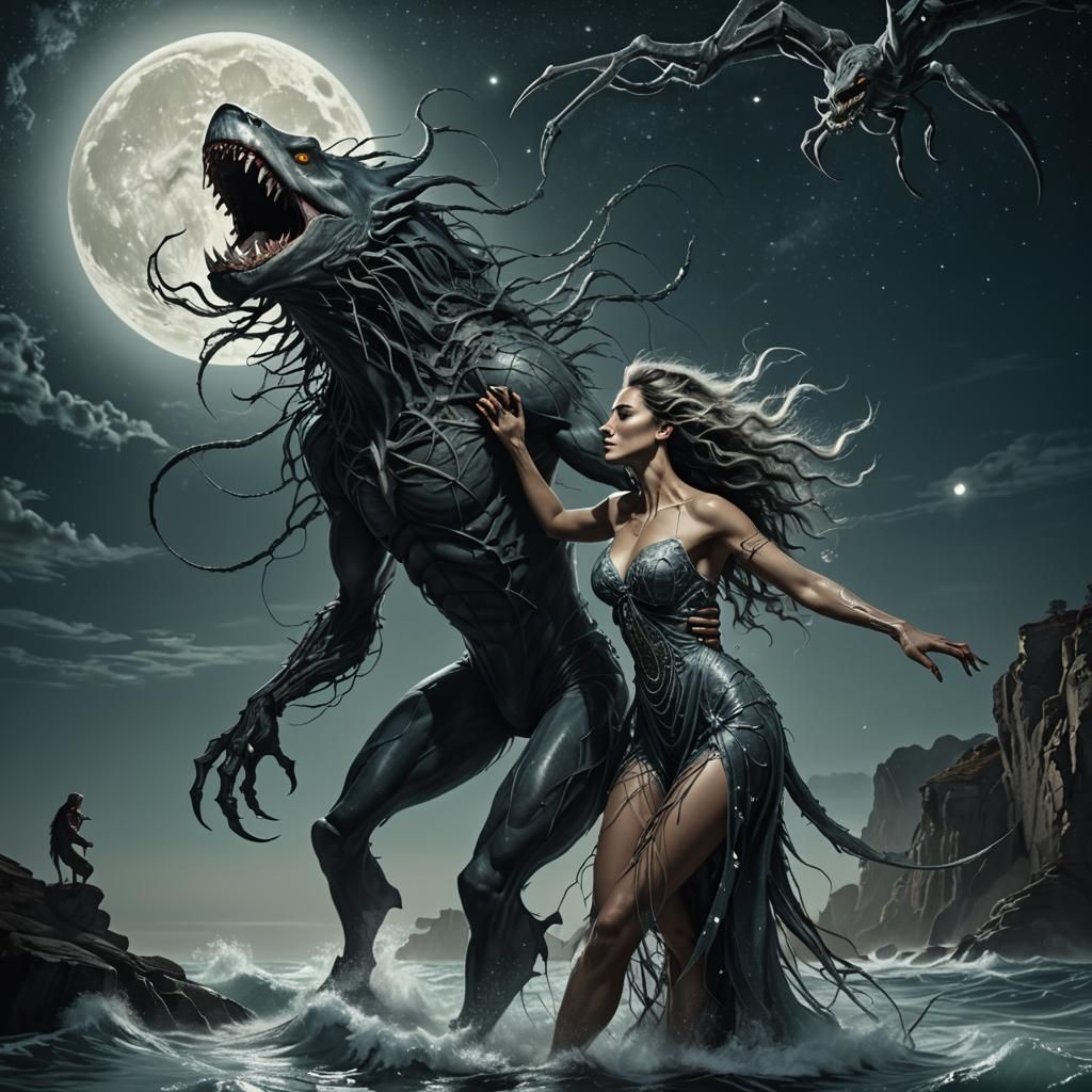 Surrealist Werewolf Dances with Shark Woman Under Moonlit Oc...