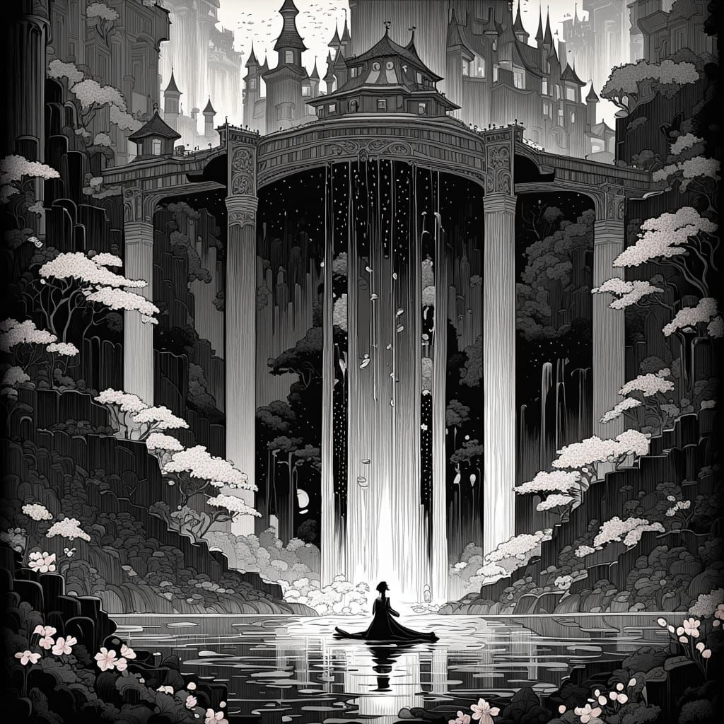 Art Nouveau Castle Under Waterfall