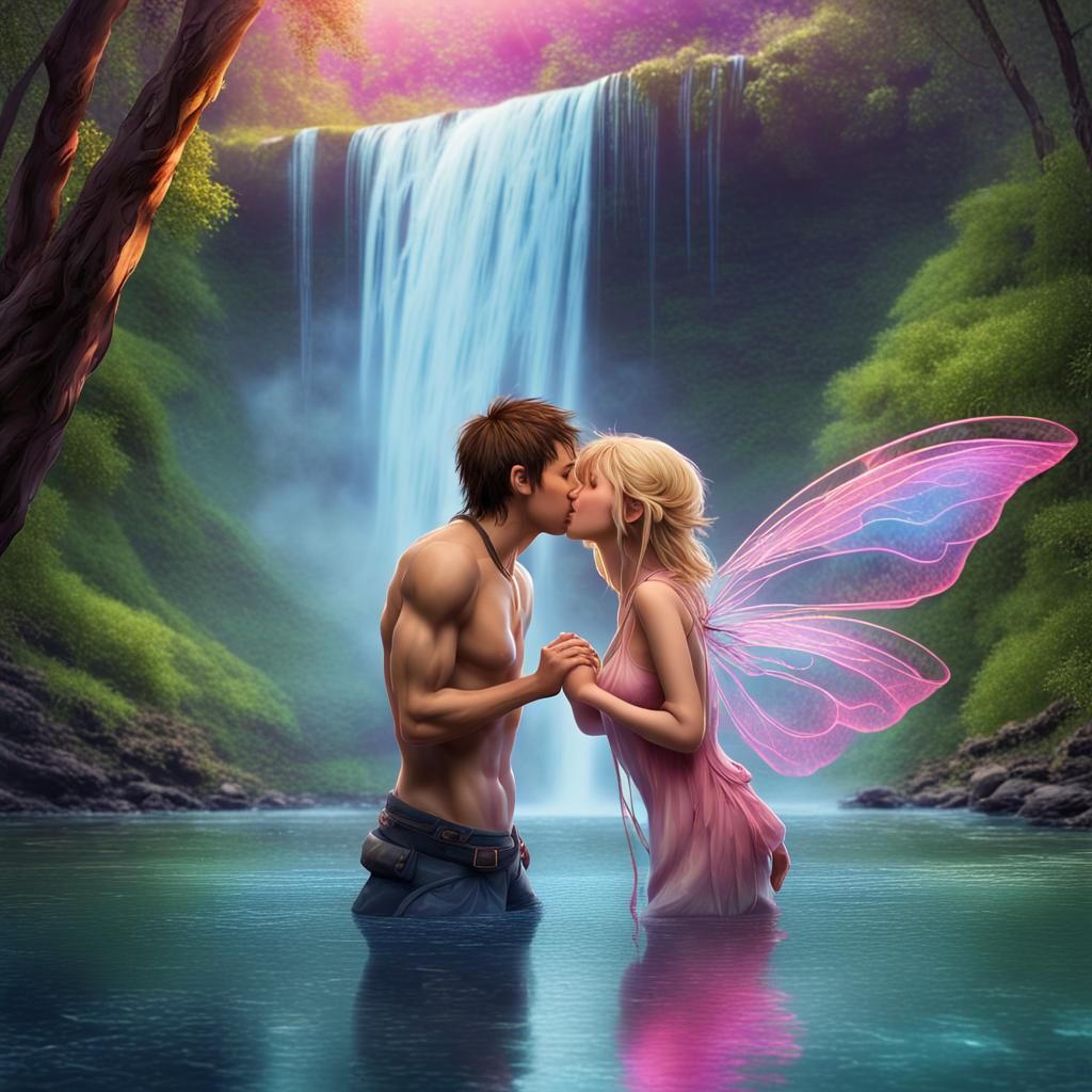 Fairies Kissing at Waterfall in Whimsical Wonderland