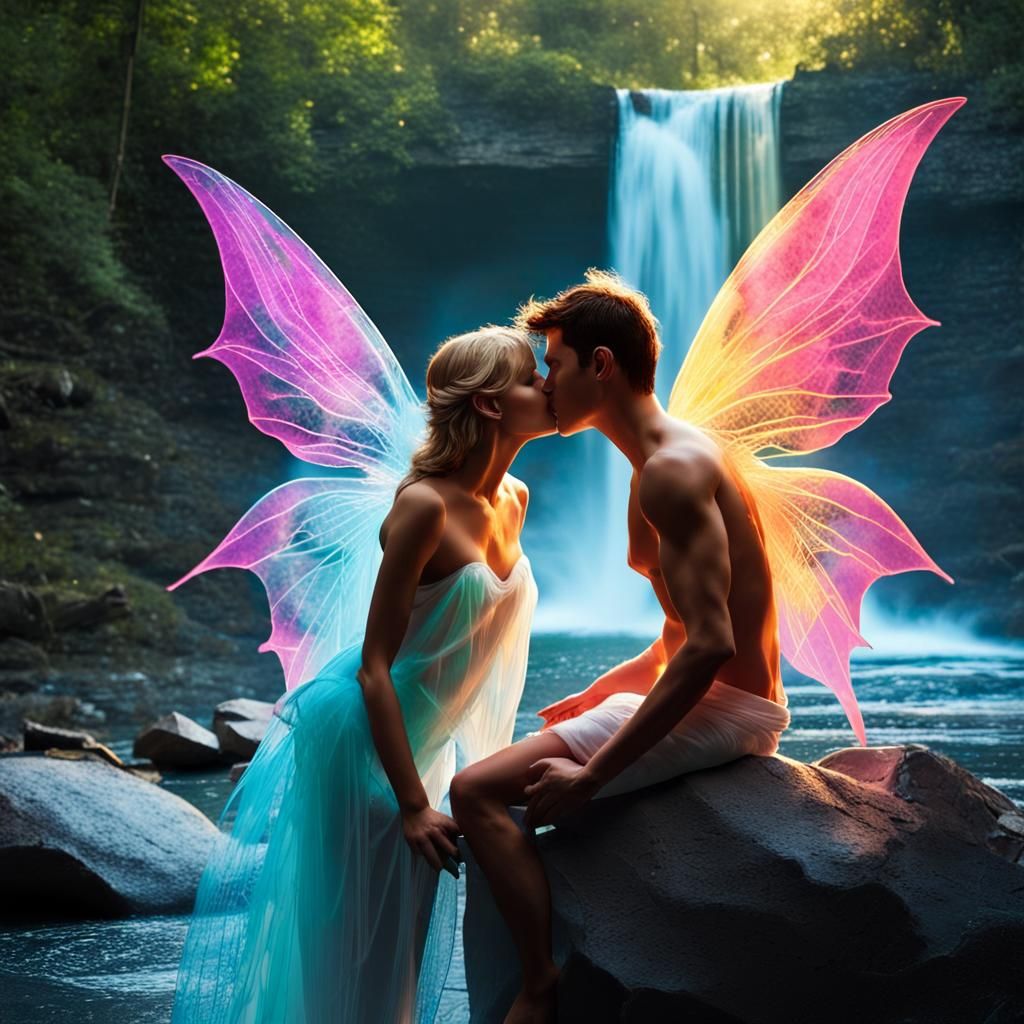 Fairies' Passionate Kiss by Waterfall in Fairy Wonderland