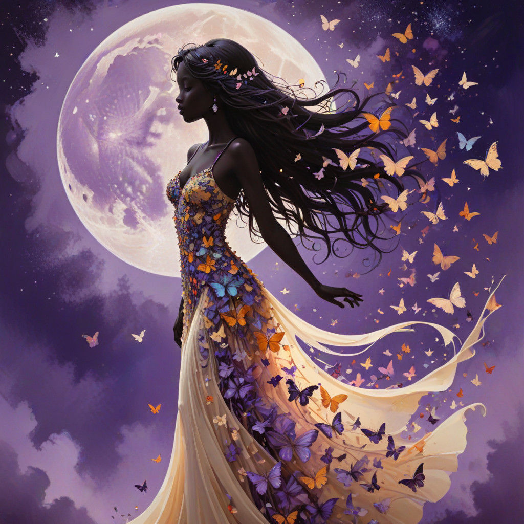 Woman in Whimsical Airbrush Art with Colorful Butterflies un...