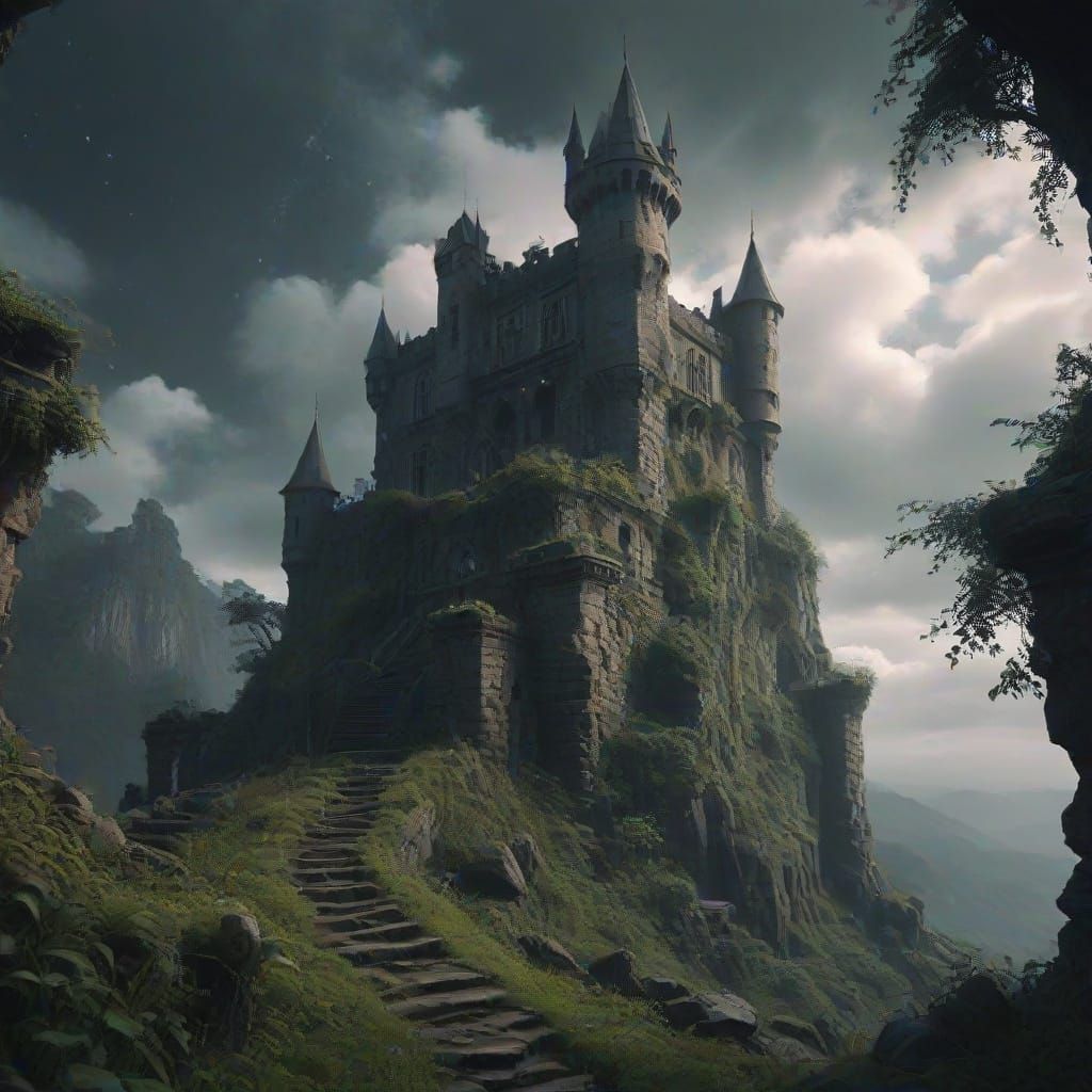 Ancient Castle Silhouetted Against Otherworldly Constellatio...