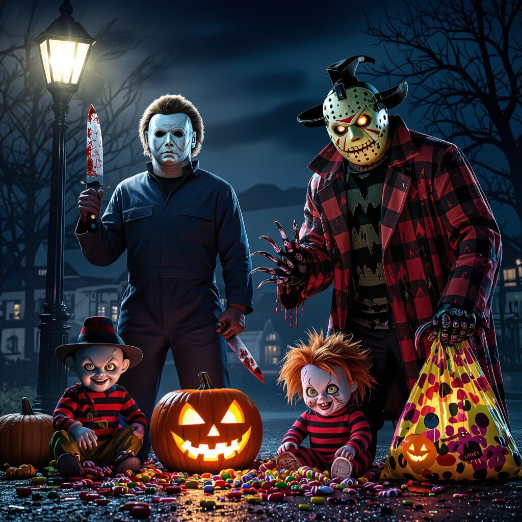 Iconic Horror Characters in Cinematic Halloween Scene