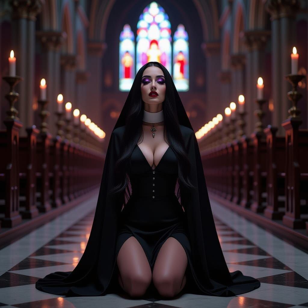 Gothic Nun in Ecstasy in Candlelit Cathedral