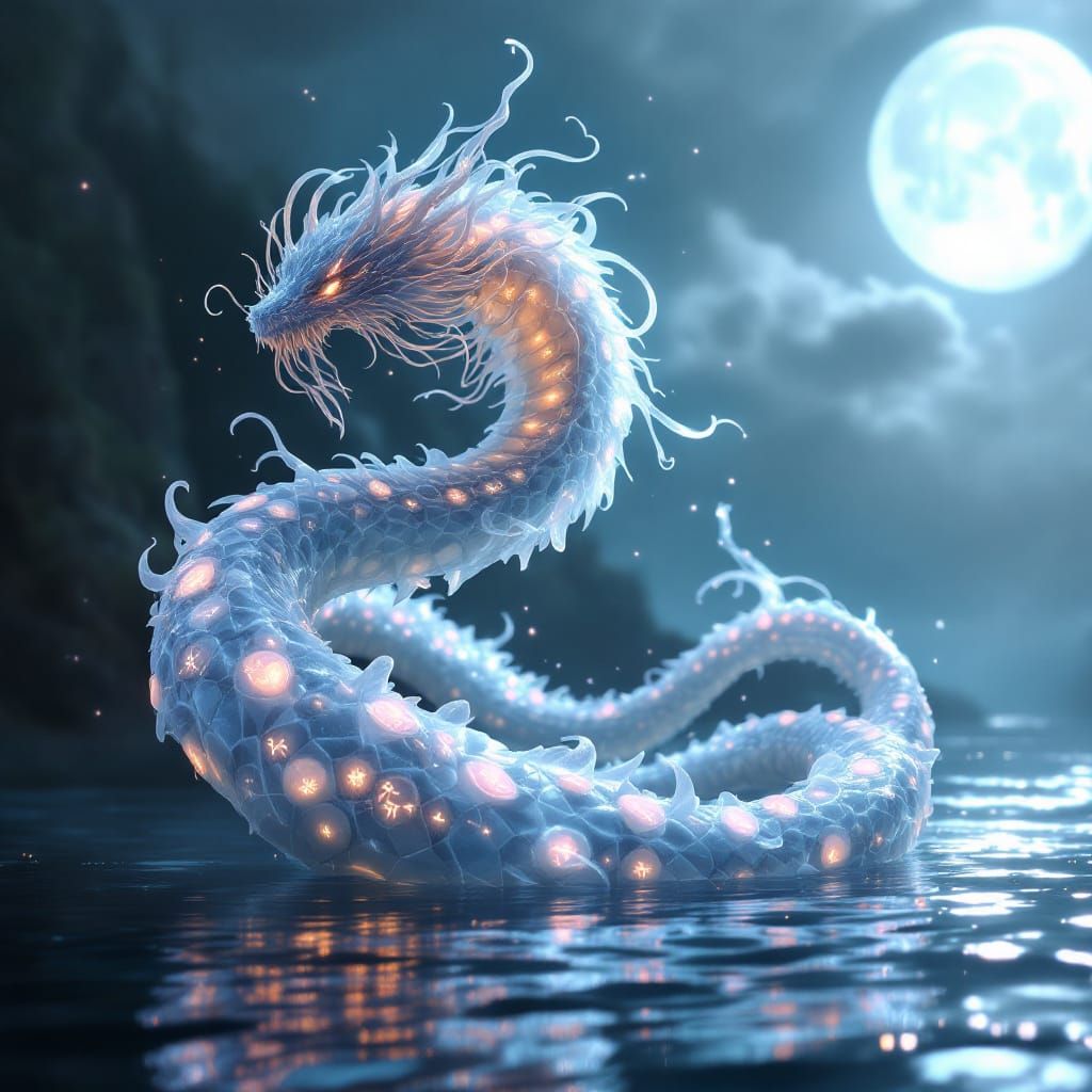 Mystical Water Serpent with Bioluminescent Runes in Ethereal...