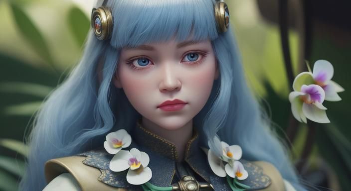 Retrofuturistic Doll Sculpture with Orchids