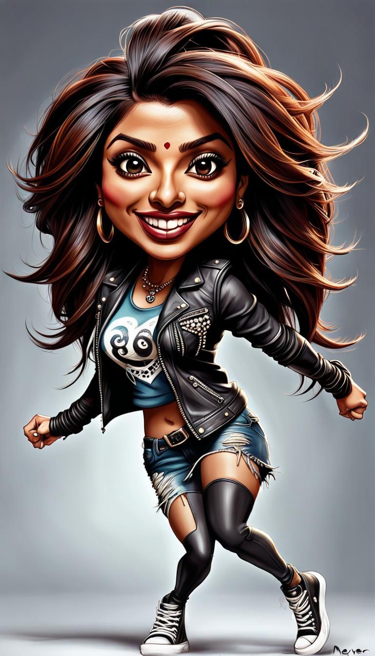 funny caricature, Priyanka Chopra, Punk rocker outfit, Well -trained, photo realistic, smooth skin, young, swirly long h...