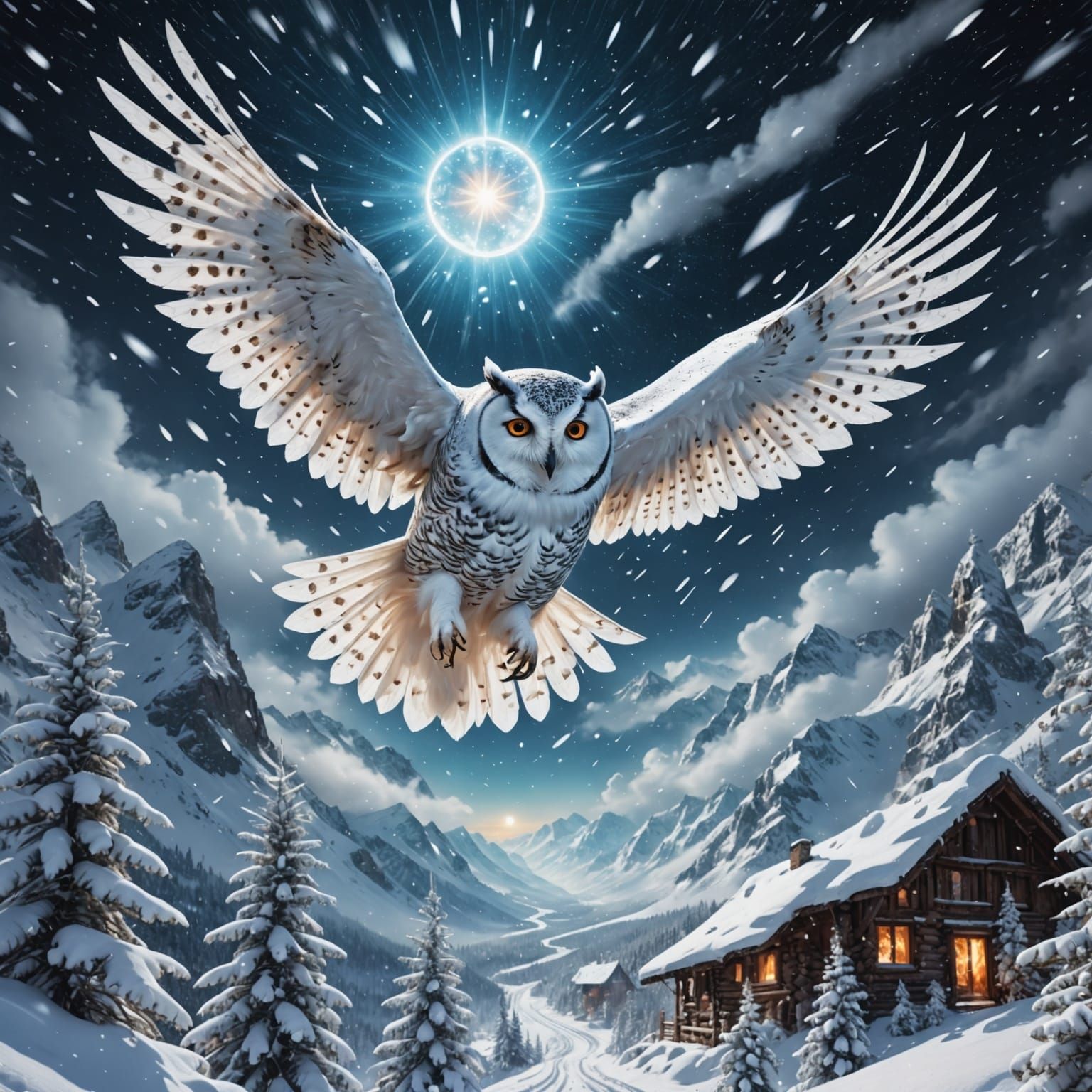 Surreal White Owl Flies Through Cosmic Snowstorm