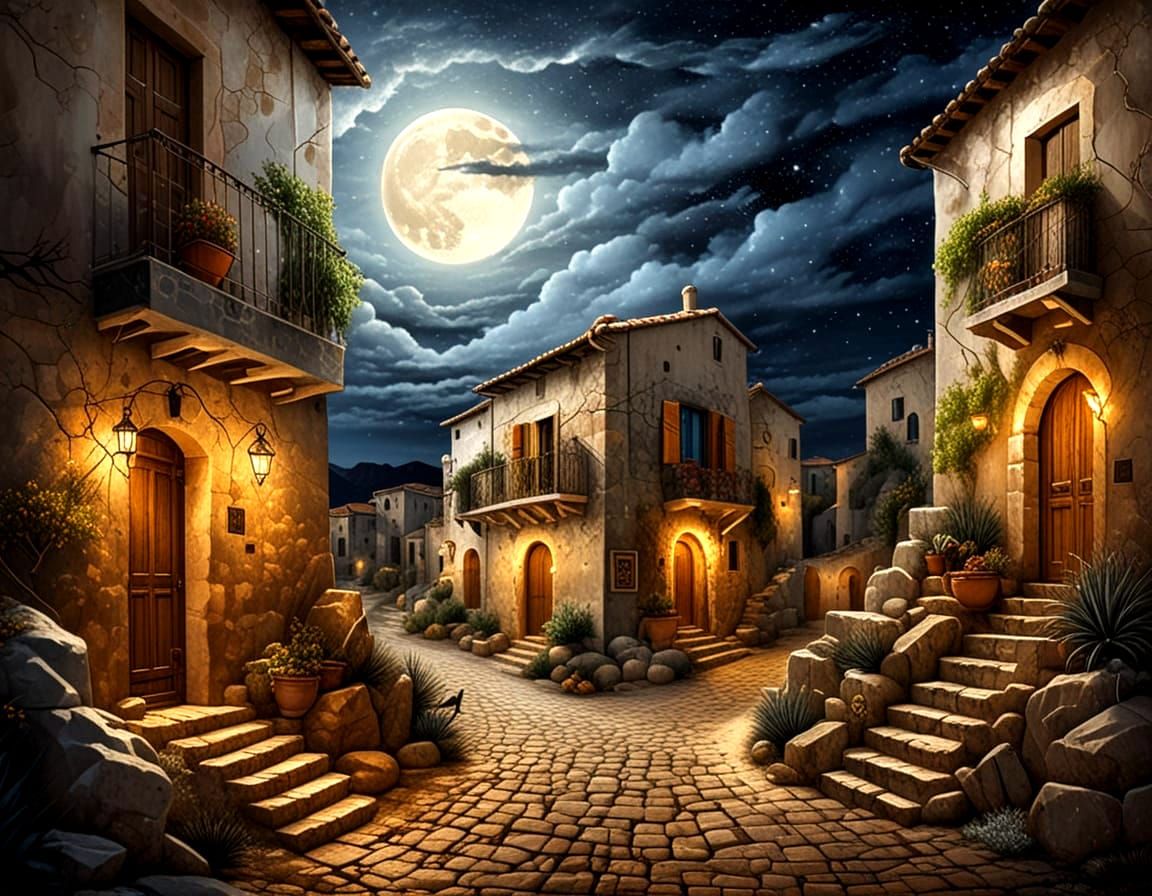 Moonlit Mediterranean Masterpiece: Cracked Old Street by the...