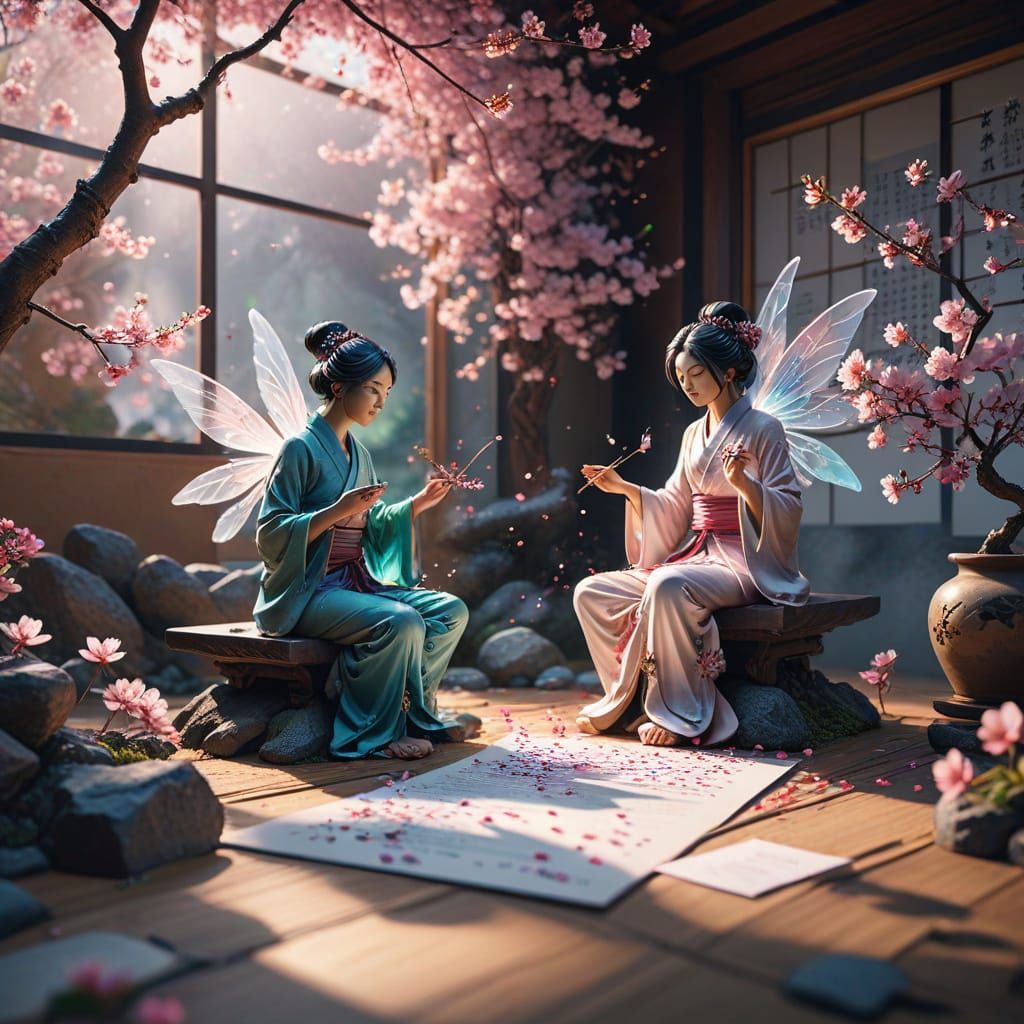 Fairies Grappling with AI in Zen Garden Office