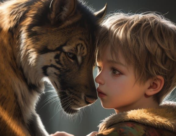 Boy and Predator Animal Friends in Expressive Oil Painting