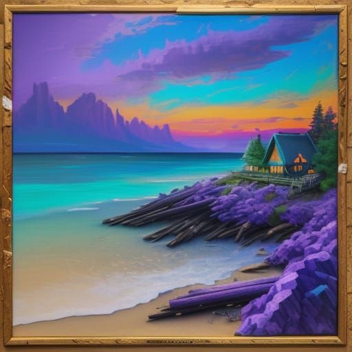 Beach Cabin Gouache Painting with Labradorite Skies