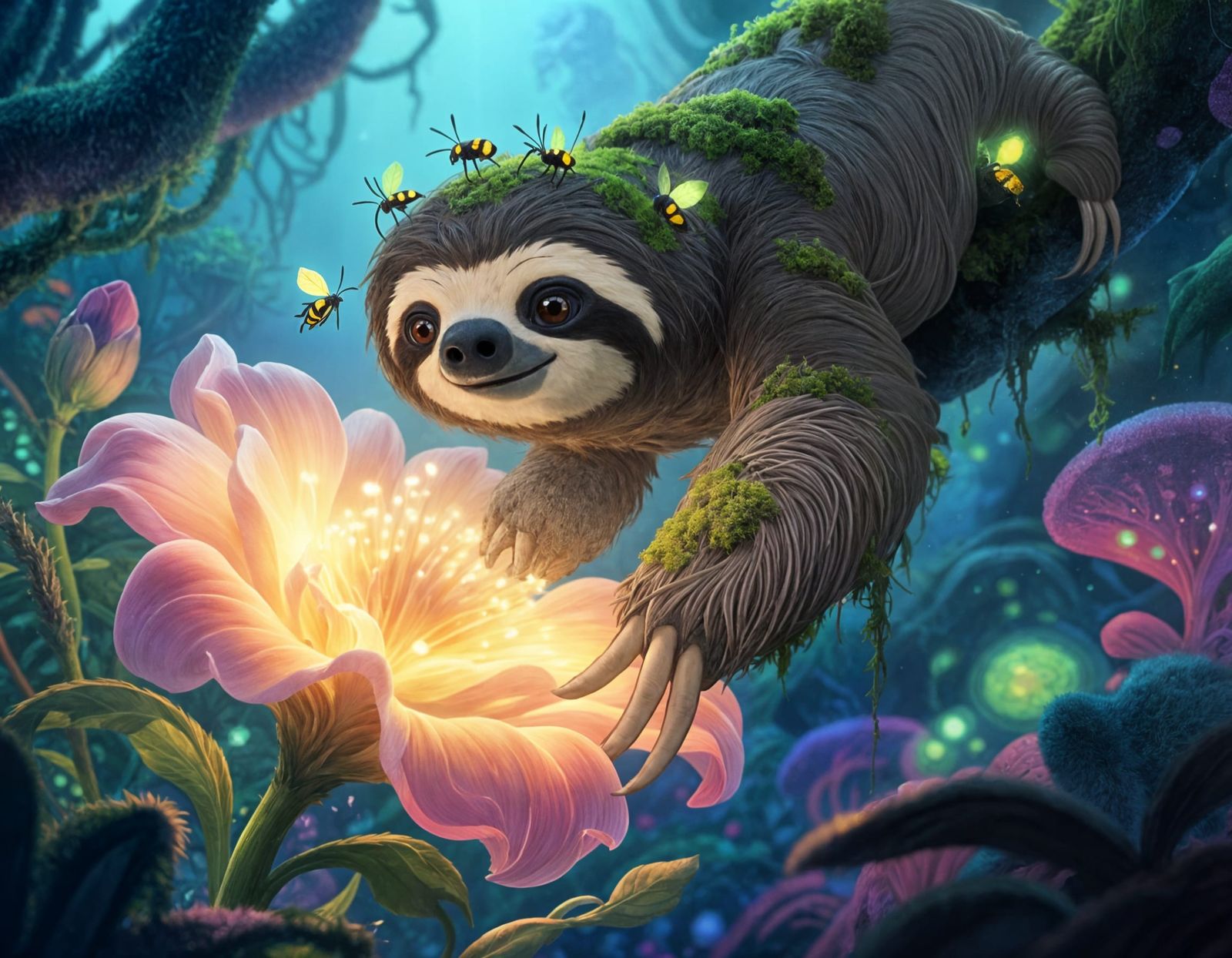 Wise Sloth Descends from Glowing Flower in Alien Jungle