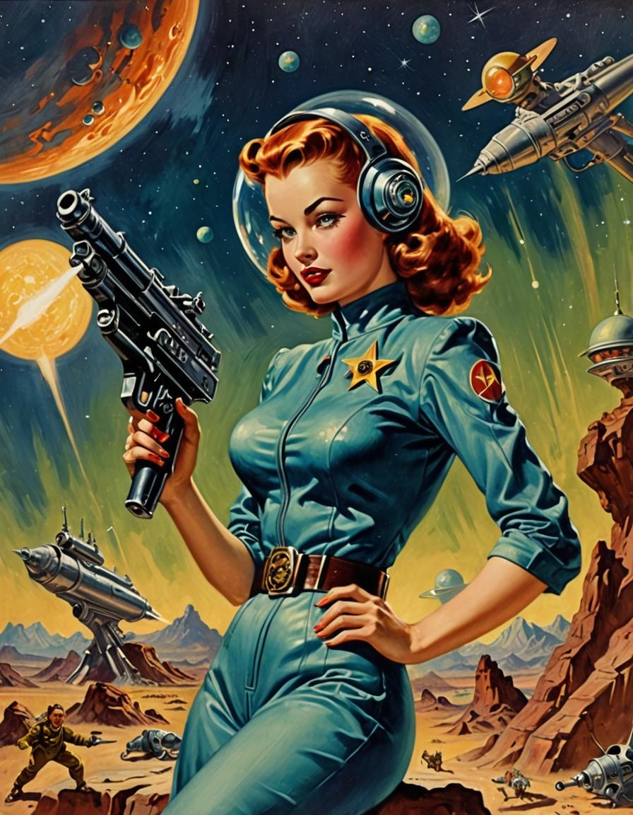 1940s Sci-Fi Pulp Cover with Raygun Woman