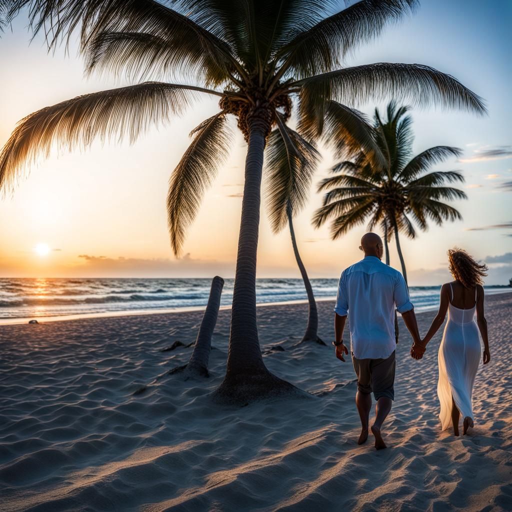 Couple Walking on Beach at Sunrise: Hyperrealistic HDR