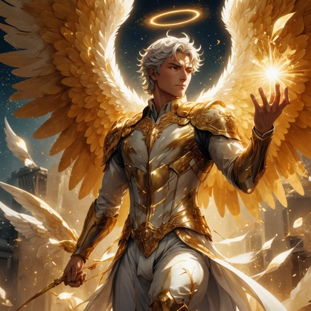 Anime Angel in Gold Suit with Sunlight