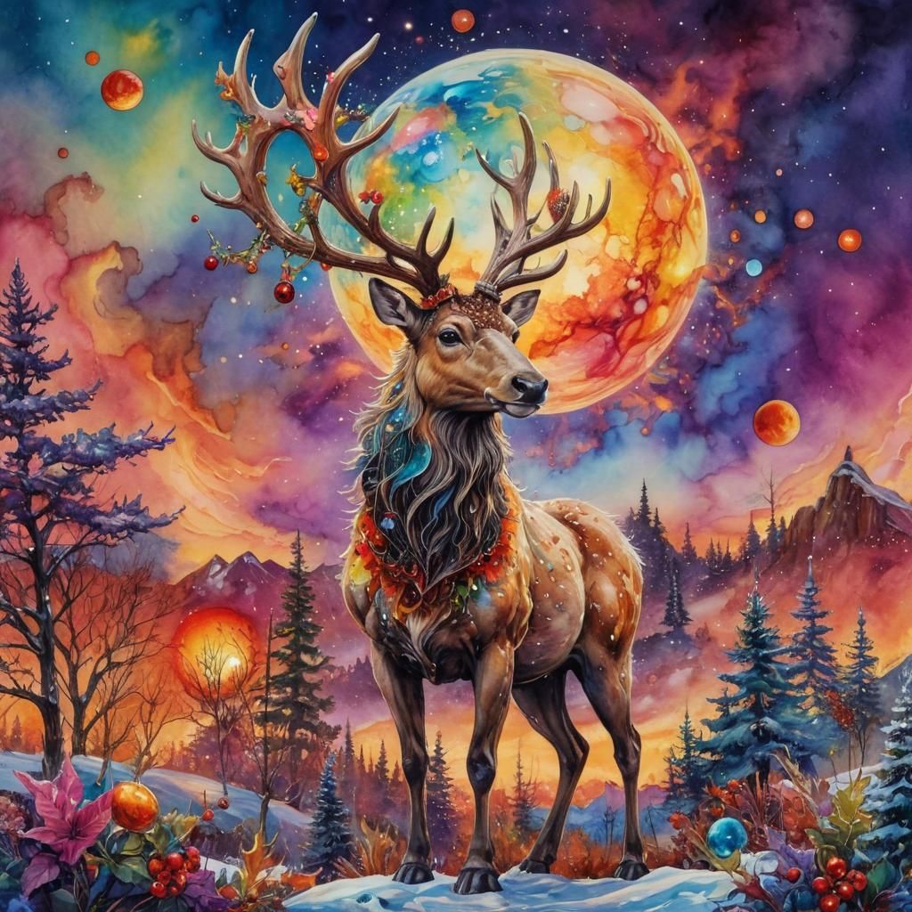Magical Christmas Reindeer in Surreal Alcohol Ink Setting