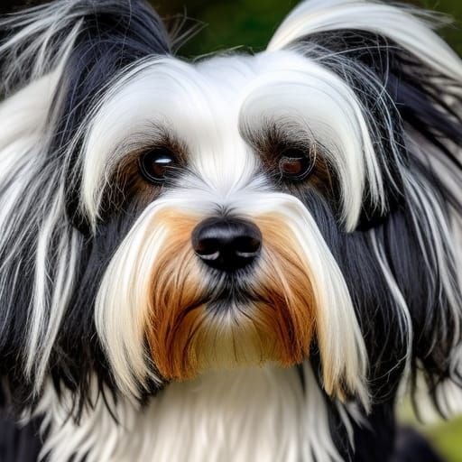 Tibetan terrier, black and white, ponytail on the head, sparkling eyes, super detailed, high resolution