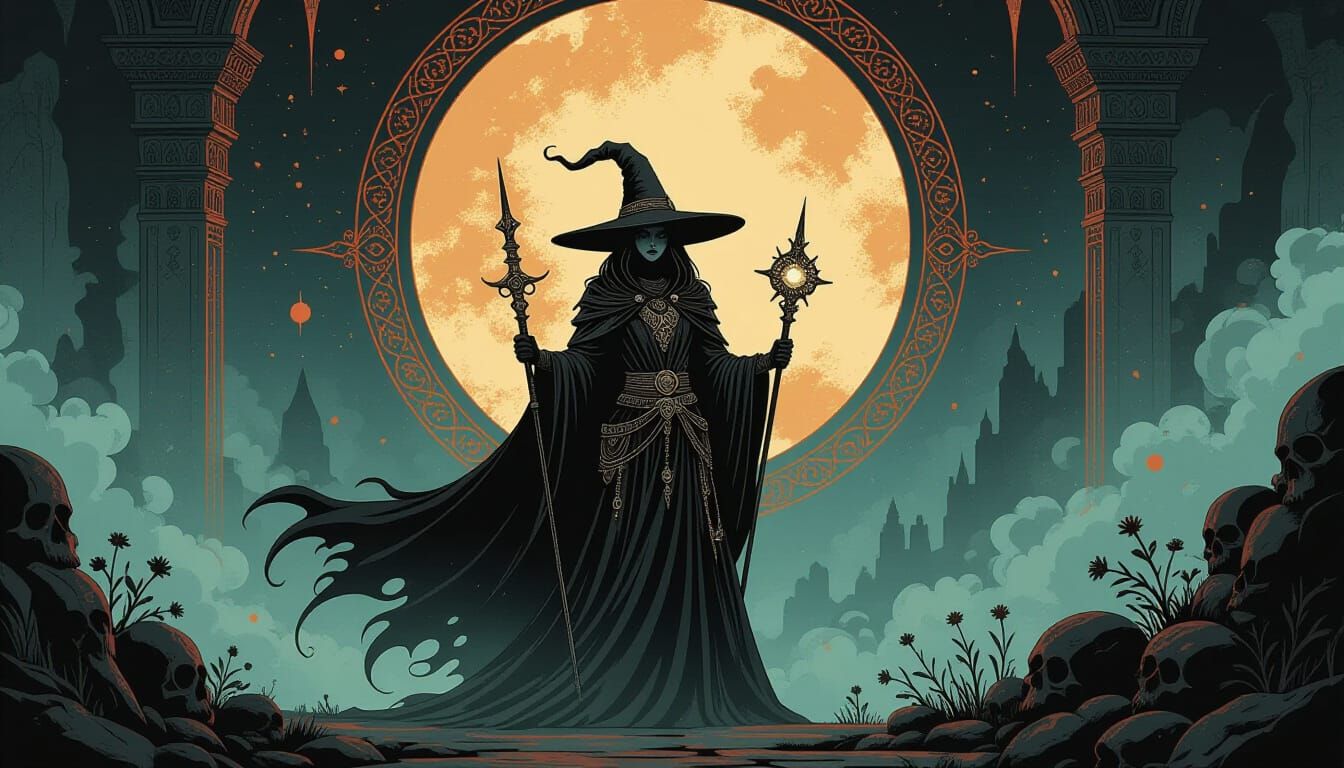 Dark-Netherpunk Sorcerer in Mystical Environment