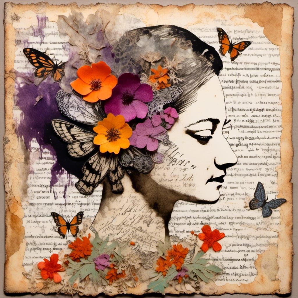 1920s Woman Profile with Floral Collage Art