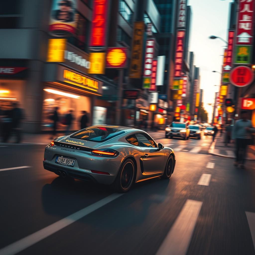 Porsche 718 Cayman Speeding Through Seoul at Dusk
