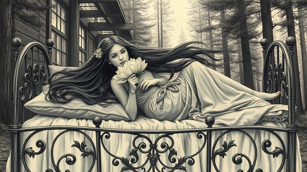 Siren on Wrought Iron Bed: Etching in Forest