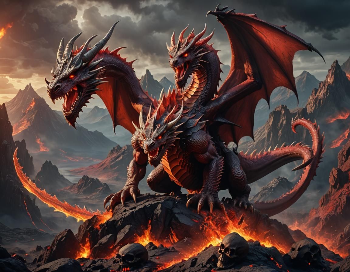 Red Dragon on Volcano with Flaming Sword