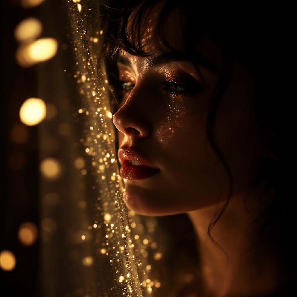 Ethereal Portrait: Woman in Dark Room with Golden Light