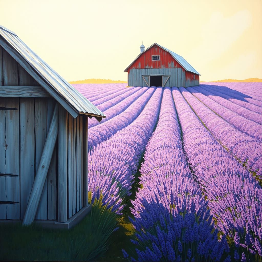 Rustic Barn in a Lavender Field at Dawn