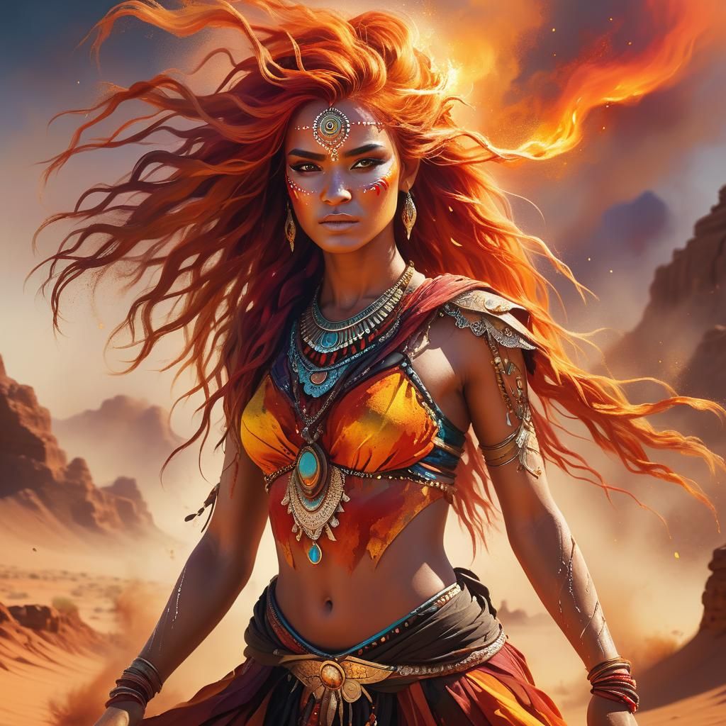 Mystic Desert Dancer with Fiery Hair, Oil Painting