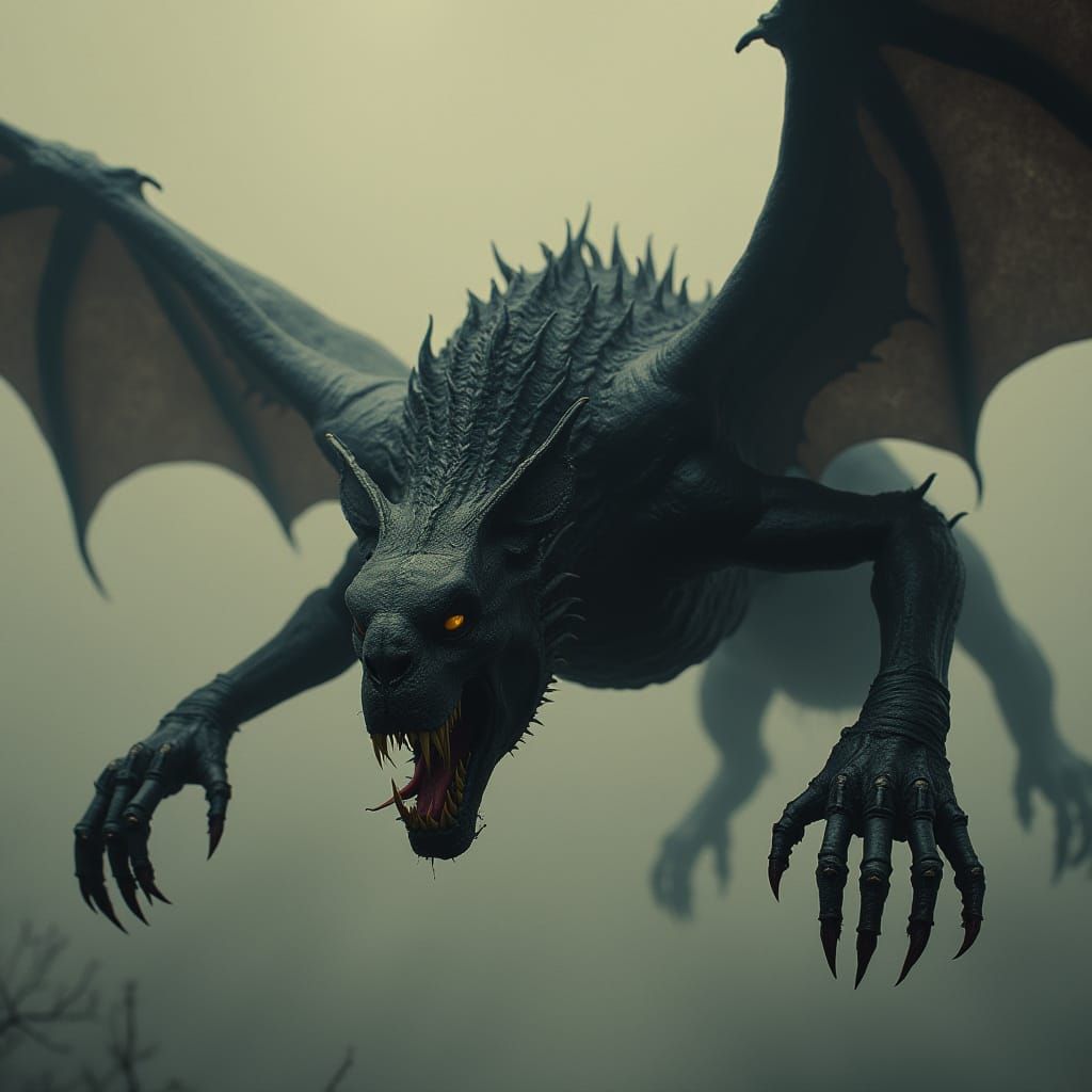 Gothic Horror Monster with Lion Skull and Bat Wings