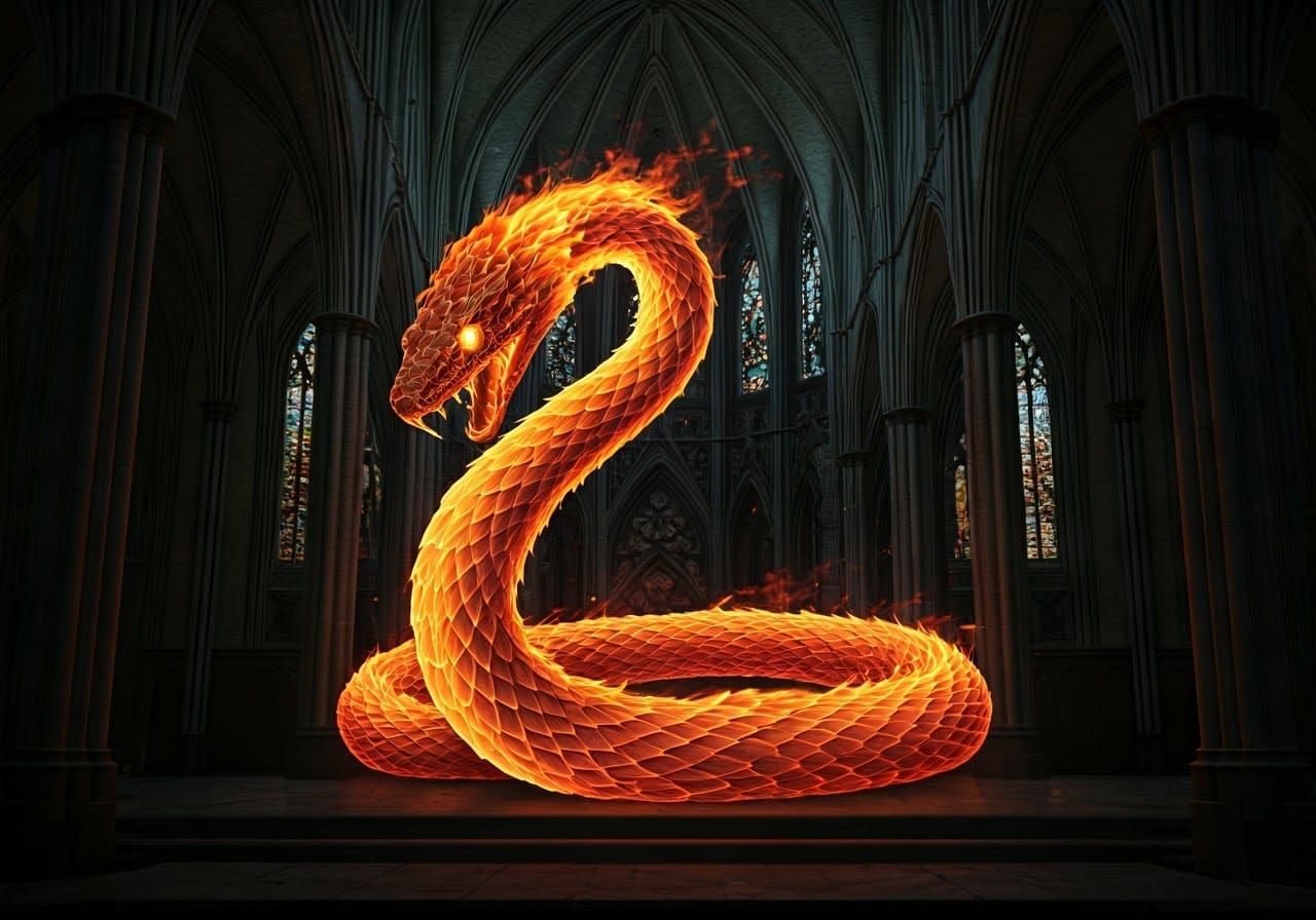 Fiery Serpent Emerges from Gothic Shadows