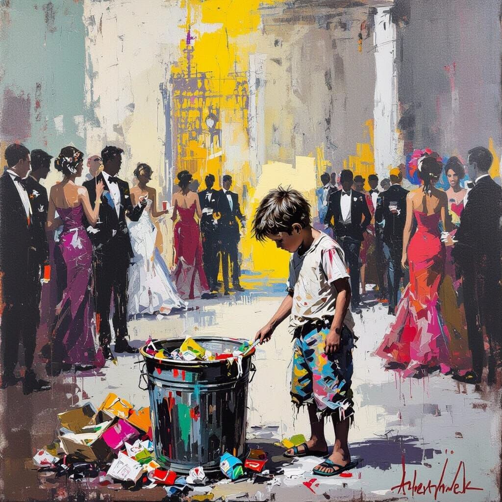 Boy Seeking Food Amidst Ignorant Elite Party