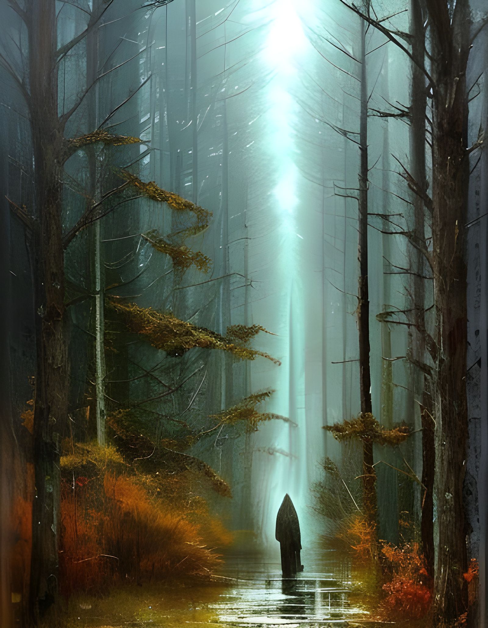 Mysterious Cloaked Figure in Rainy Forest