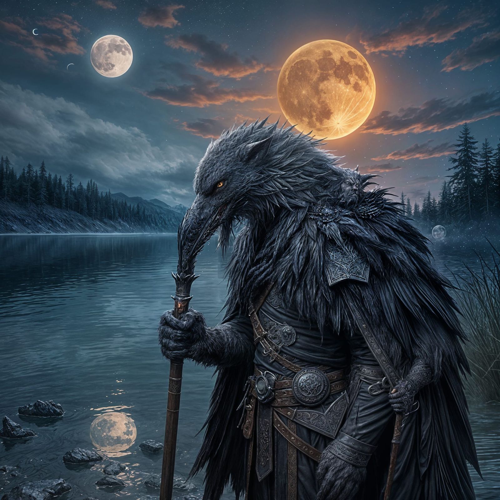 Mystical Raven Warrior Basks in Lunar Glow