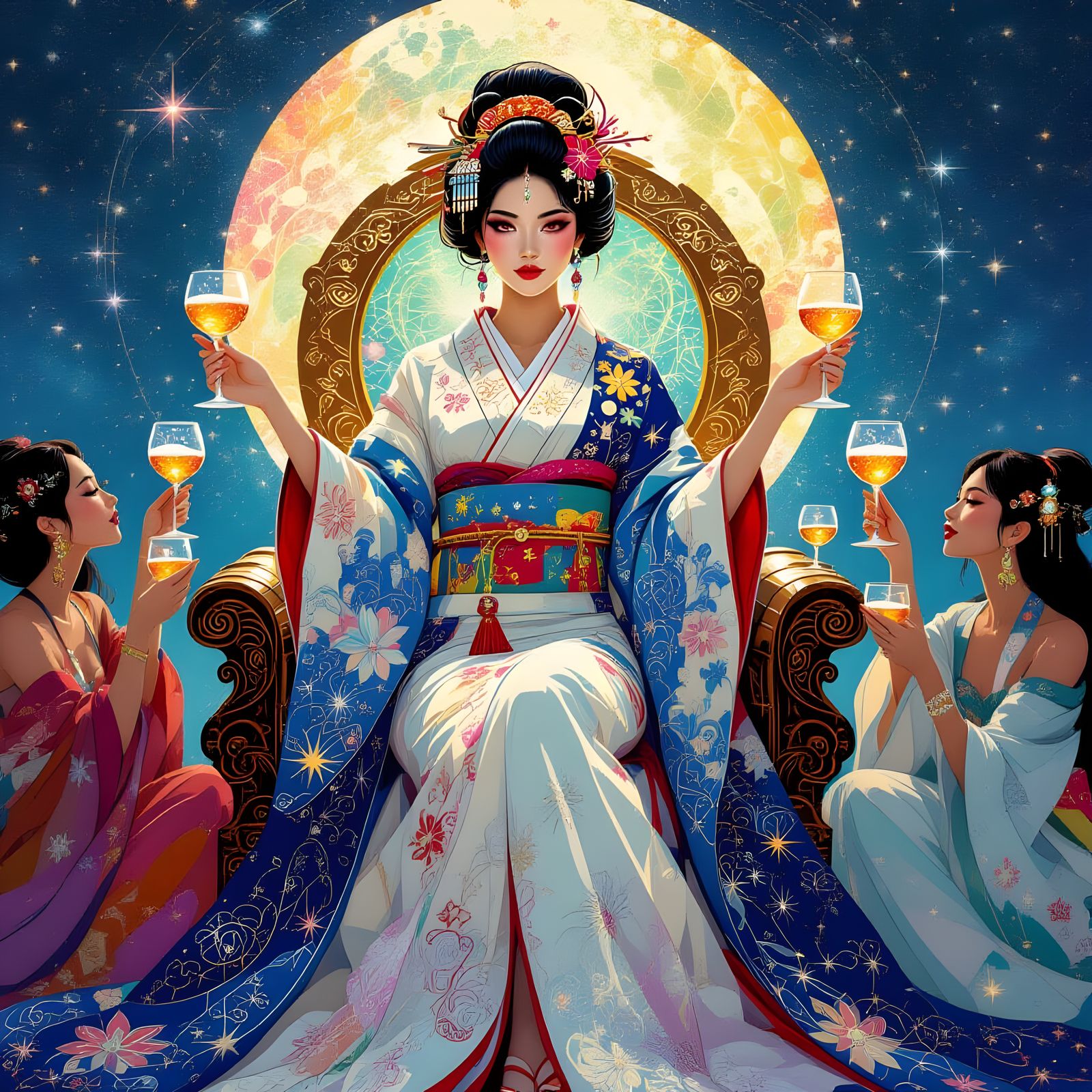 Multicultural Goddess on Galaxy Throne in Maximalist Style