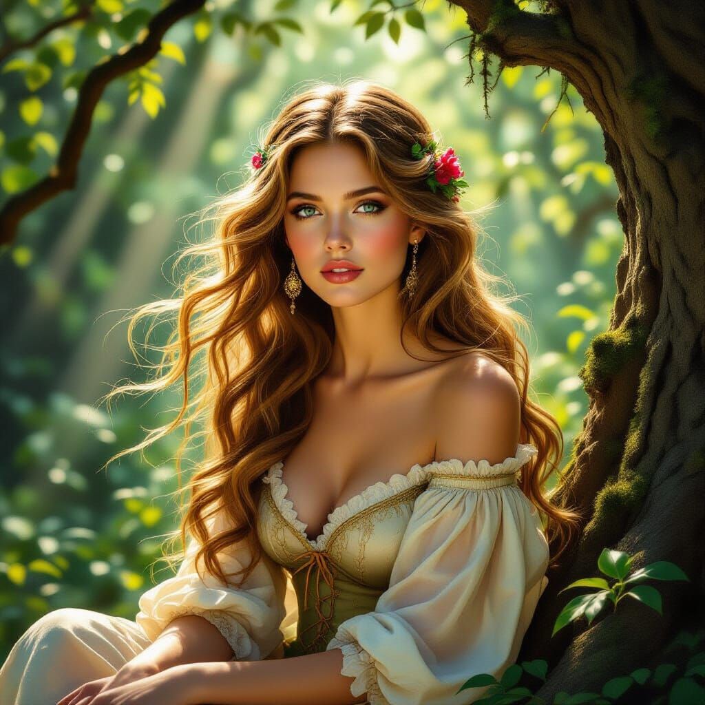 Ethereal Muse in Sunlit Forest
