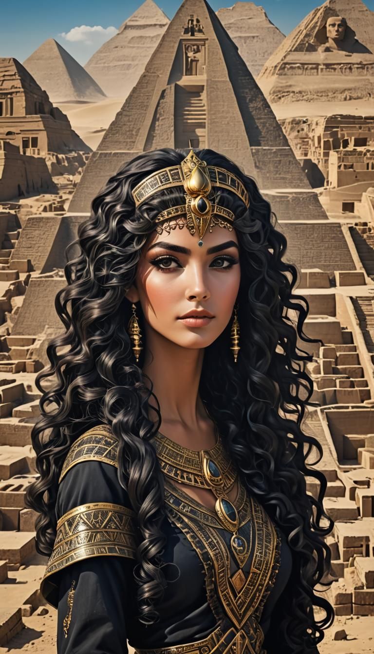 Egyptian Lady with Long Black Hair and Pyramids