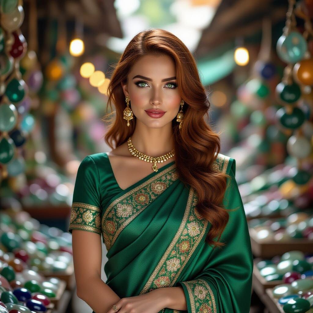 Elegant Woman in Gemstone Market, Hyper-Realistic Aesthetic