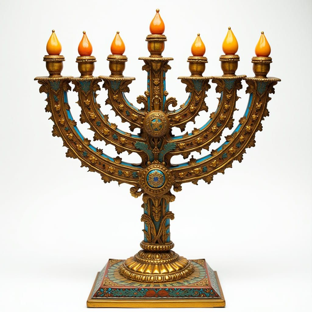 Golden Menorah in Antique Style with Star of David and Macca...