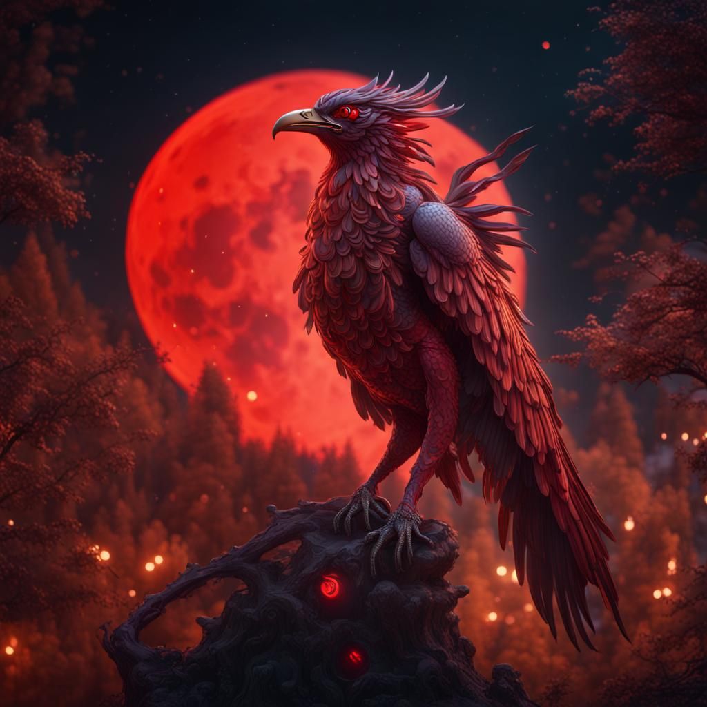 Automaton Firebird Under Red Moon: Fantasy Concept Art