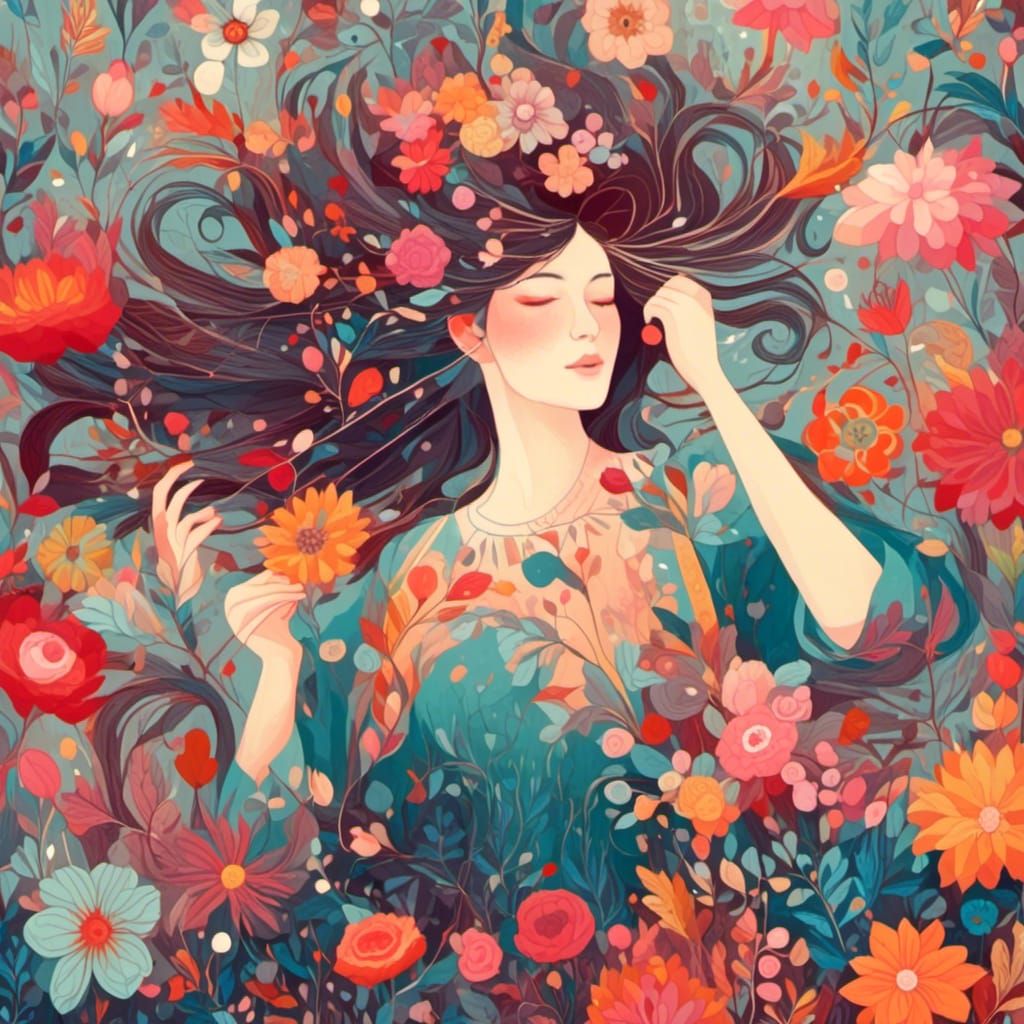 Woman Combing Hair with Colorful Flowers