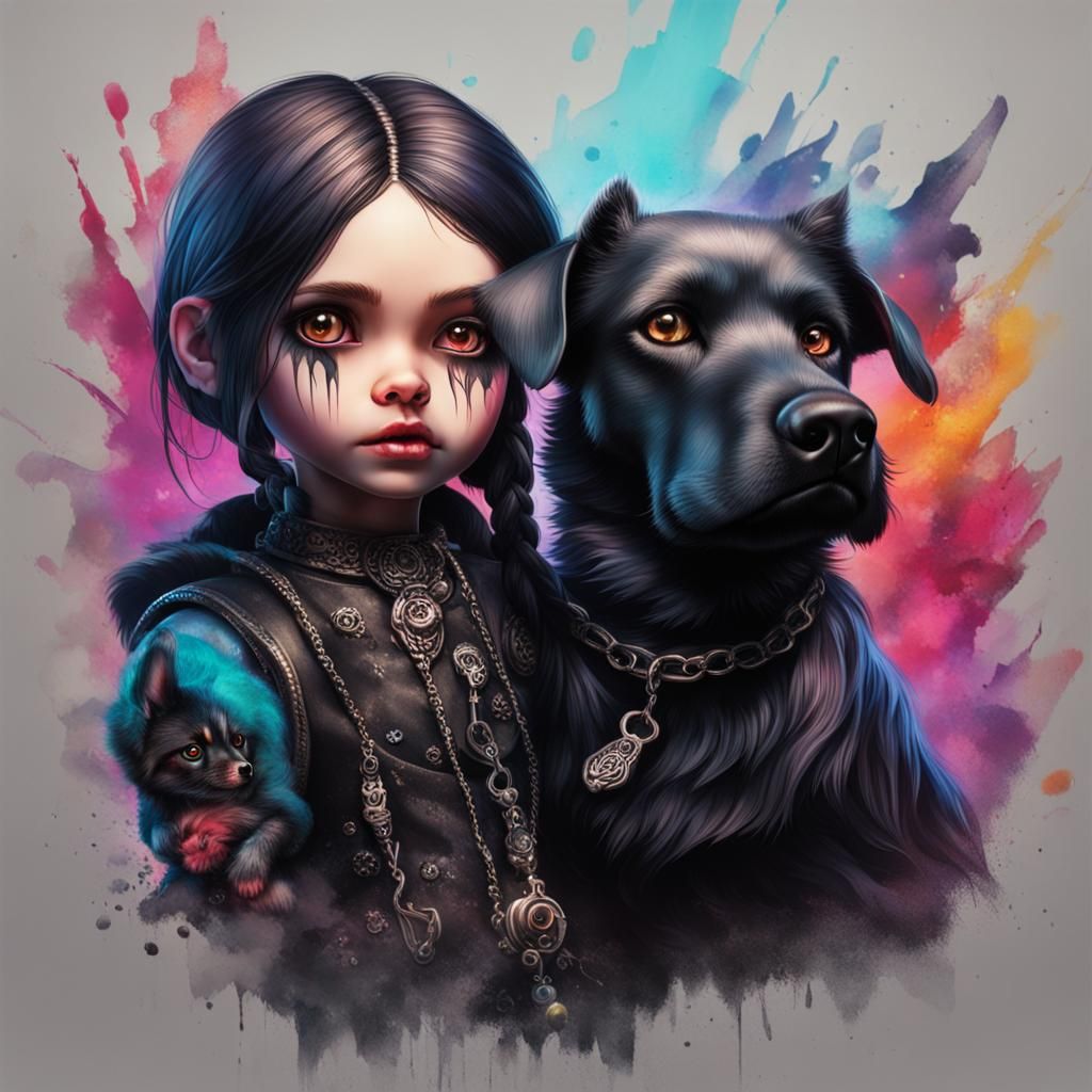 Gothic Doll with Scary Dog in Hyperrealistic Style