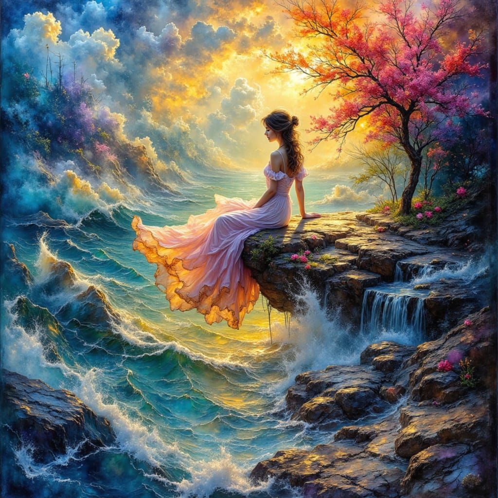 Surreal Oil Painting: Woman Amidst Dreamscapes