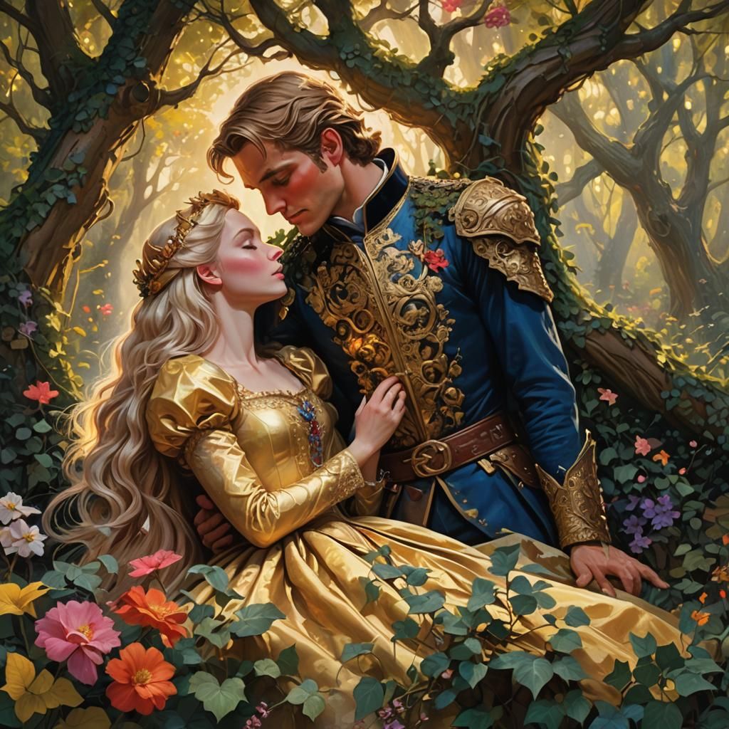 Sleeping Beauty and Prince Charming in Lush Forest