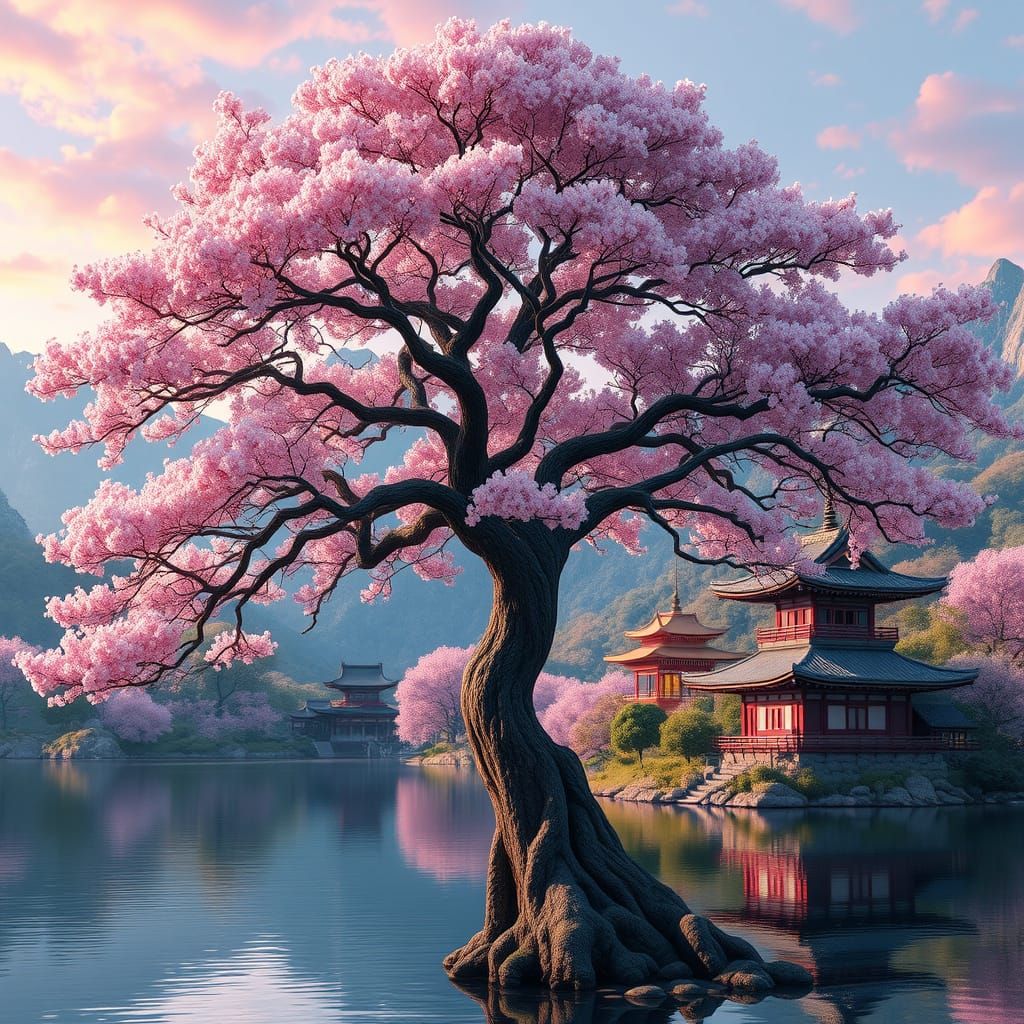 Ancient Sakura Tree in Serene Japanese Landscape